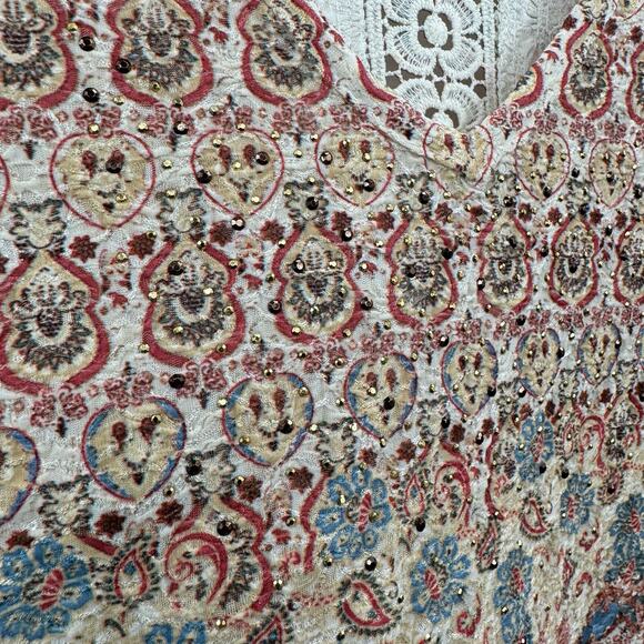 One World Boho Print Asymmetrical Hem Dress Size XXL Brown V-Neck Midi Beachy - Picture 6 of 12